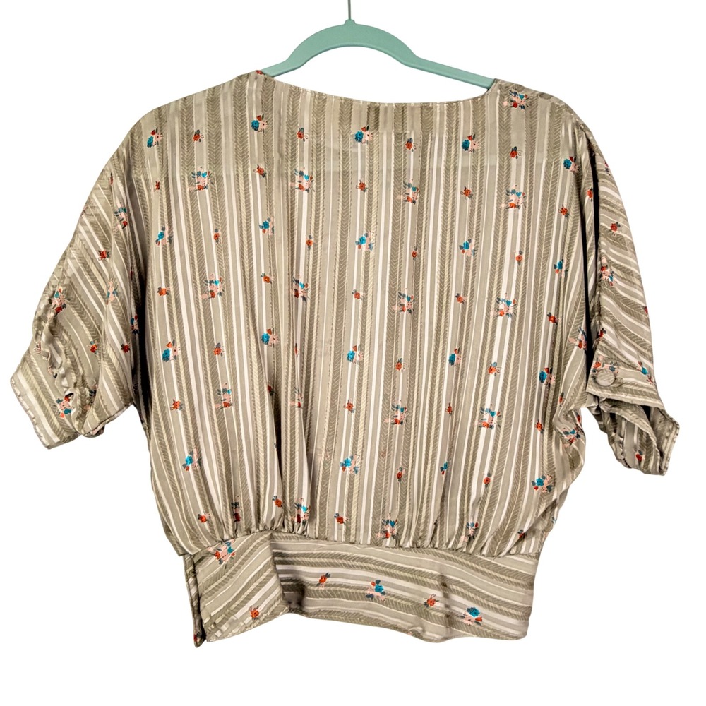 VTG 70s Jonathan Martin 80 S SHEER Beige Striped Floral Banded Crop Waist Blouse - Picture 2 of 12
